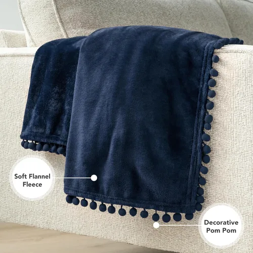Miniatura 3 de PAVILIA Manta de forro polar para sofá con flecos de pompones, azul marino, manta de franela suave y acogedora para sofá cama, manta de felpa ligera