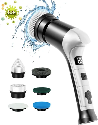 Miniatura 8 de Limpiador eléctrico giratorio, cepillo de limpieza inalámbrico para el hogar con 6 cabezales reemplazables, 3 velocidades, pantalla LED, limpiador