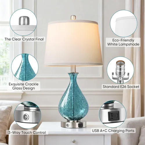 Miniatura 4 de QiMH Juego de 2 lámparas de mesa de cristal para sala de estar y dormitorio, luz LED de 22.5 pulgadas con control táctil, azul de 3 vías regulables