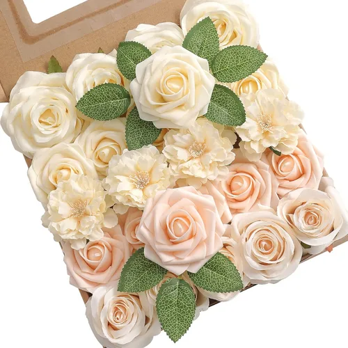 YYHUAWU Juego de caja de flores artificiales color champán de espuma de color degradado y flores falsas de seda con tallos para bricolaje, boda,