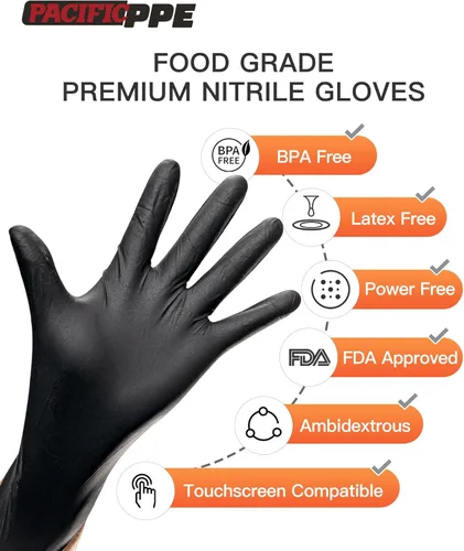 Miniatura 2 de PACIFIC PPE Guantes desechables de nitrilo negro resistentes de 6 mil, resistentes a productos químicos, seguros para alimentos, sin látex