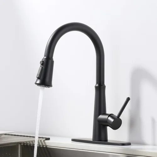 Miniatura 5 de WOWOW Grifos de cocina negro mate con rociador extraíble, grifo de fregadero de cocina de acero inoxidable para fregaderos de 1 o 3 agujeros, grifo