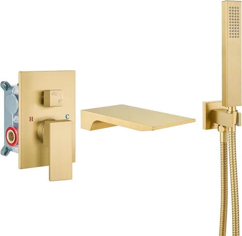 Airuida Grifo de bañera de montaje en pared con boquilla de cascada, grifo de bañera montado en la pared con ducha de mano de una sola manija, juego