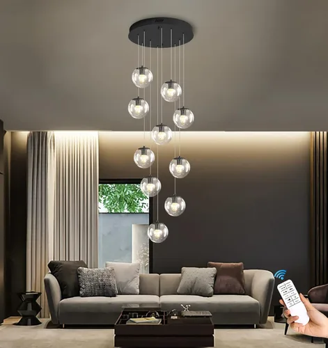Miniatura 2 de ykolupty Escalera LED de 10 luces LED moderna con globo de cristal, lámpara colgante grande para techos altos, accesorios de iluminación de entrada