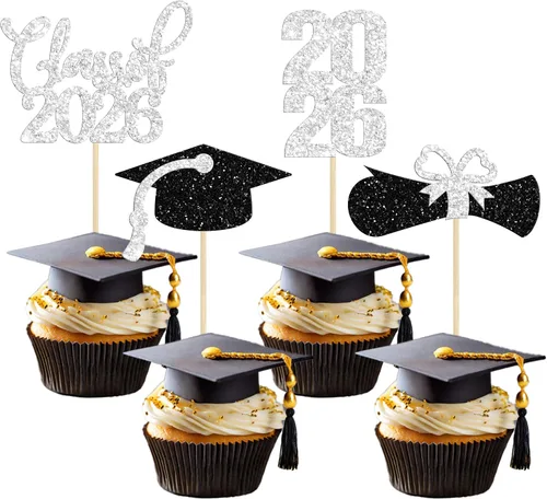 Miniatura 17 de 24 piezas 2026 decoraciones para cupcakes de graduación 2026 con purpurina clase de 2026 para graduación de graduación para felicitaciones 2026