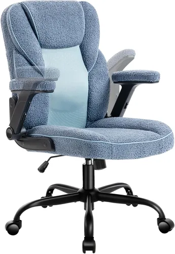 SEATZONE Sillas de escritorio de oficina en casa con ruedas y reposabrazos, silla de oficina, cómoda malla ergonómica con tela polar de peluche,