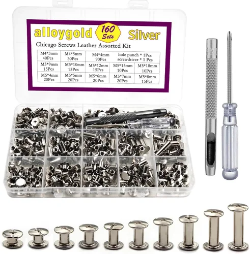 Miniatura 10 de ALLOYGOLD Tornillos Chicago de bronce remaches de cuero surtidos, 8 tamaños de remaches de tornillo, tornillos Chicago para decorar y reparar cuero