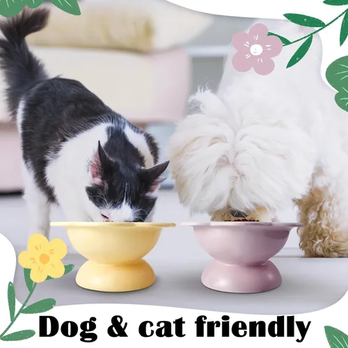 Miniatura 5 de Zhehao 2 cuencos elevados de cerámica para gatos, lindos cuencos elevados de comida para gatos, platos inclinados para mascotas, para proteger