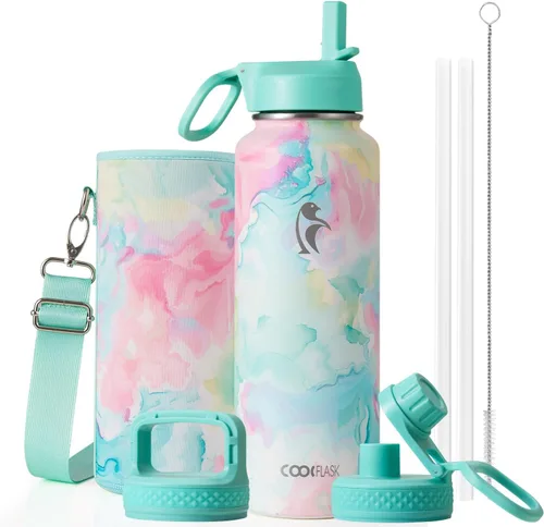 Miniatura 77 de Coolflask Botella de agua de 20 onzas aislada con pajilla, 3 tapas de metal de acero inoxidable, botella de agua de boca ancha para deportes u