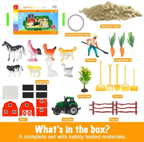 Miniatura 4 de Carolart Farm - Contenedor sensorial con arena sensorial, juguetes de granero y tractor Juguetes de granja con animales de granja, juguetes