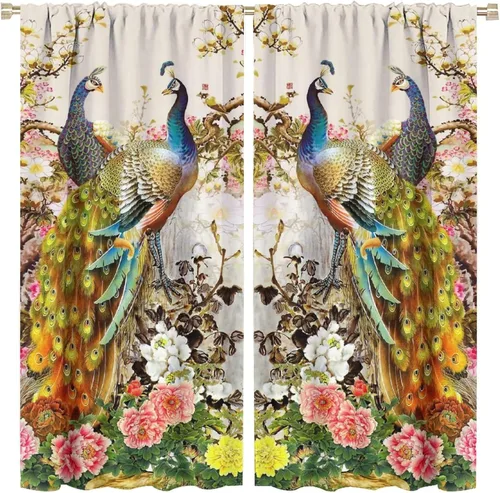 Miniatura 63 de Cortina opaca con estampado de pavo real, con estampado de animales retro, con bolsillo para cortinero y flores de peonía doradas, para dormitorio