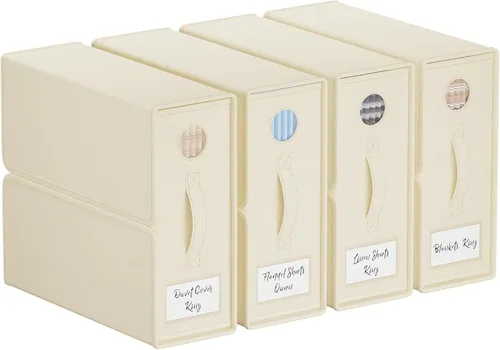 TRZZ Paquete de 4 organizadores y almacenamiento de sábanas, contenedores plegables de lino con ventana y etiquetas, soporte de ropa de cama para