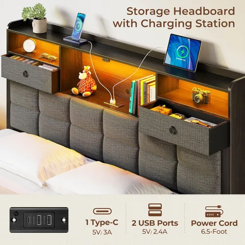 Miniatura 3 de Rolanstar Armazón de cama tamaño completo con cajones y estación de carga, cama de plataforma tapizada con cabecera de almacenamiento y luz LED