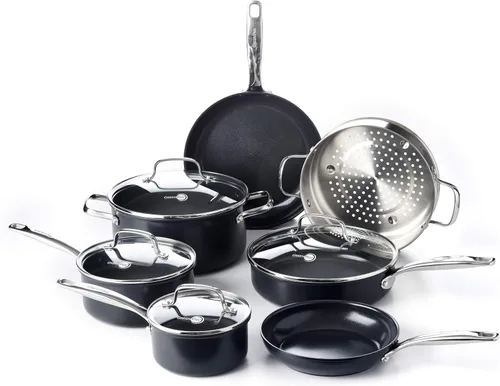 GreenPan Chatham Black Prime Midnight - Juego de ollas y sartenes de cerámica anodizada dura y saludable de 11 piezas, sin PFAS, apto para