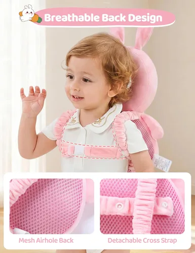 Miniatura 5 de JunNeng Mochila protectora de cabeza de bebé con chirriador, cojín de protección de seguridad para la cabeza del niño, conejo rosa Conejito rosado