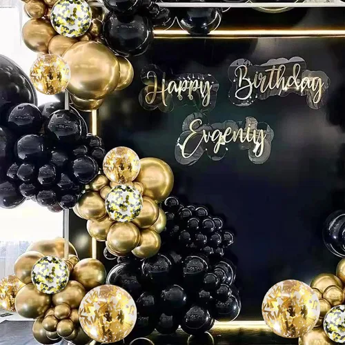 Miniatura 7 de Globos negros dorados, paquete de 60 globos de látex de 12 pulgadas negros metálicos cromados dorados con globo de confeti dorado para hombres