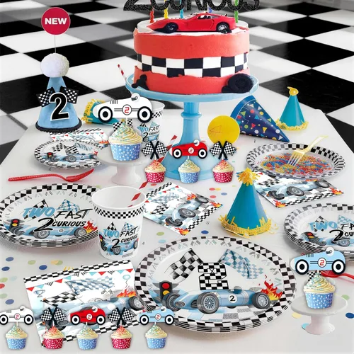 Miniatura 6 de Dos decoraciones de cumpleaños de 2º cumpleaños de auto de carreras rápidas, incluyen plato, taza, servilleta, telón de fondo, pancarta, mantel