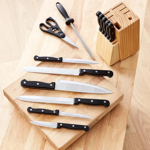 Miniatura 7 de Amazon BasicsJuego de cuchillos de cocina de 14 piezas, cuchillas de acero inoxidable de alto carbono con bloqueo de madera de pino, negro
