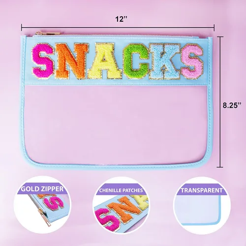 Miniatura 5 de Fablinks Bolsa transparente con cremallera para mujeres con parche de letras de chenilla, bolsa de viaje para aperitivos para adolescentes y niñas