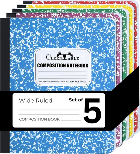CLEENTABLE Cuaderno de composición de 5 unidades, papel de rayas anchas, cuadernos con cubierta de mármol para la escuela, 9.75 x 7.5 pulgadas, 100