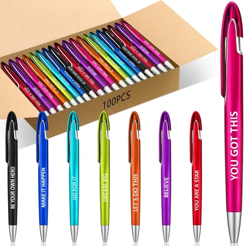 Lincia 100 bolígrafos con temática positiva a granel con citas inspiradoras, bolígrafos retráctiles de afirmación de punto medio con tinta negra,