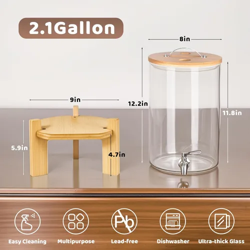 Miniatura 3 de Dispensador de bebidas de 2.1 galones, dispensador de bebidas de vidrio con soporte, dispensadores de bebidas para fiestas, dispensador de bebidas
