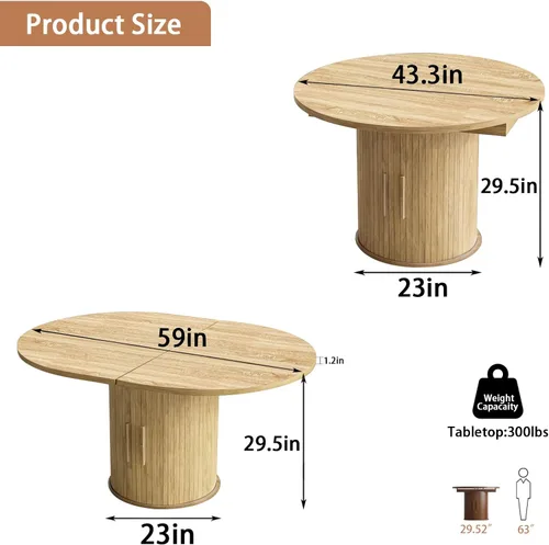 Miniatura 9 de Mesa de comedor redonda extensible de 43.3-59 pulgadas para 4-6-8, puerta corredera de madera estriada, mesa de cocina ovalada moderna, base