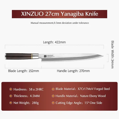 Miniatura 3 de XINZUO Cuchillo Yanagiba de 11 pulgadas X7Cr17MoV de acero forjado, cuchillo de sushi para sashimi, hoja de un solo filo, cuchillo de chef