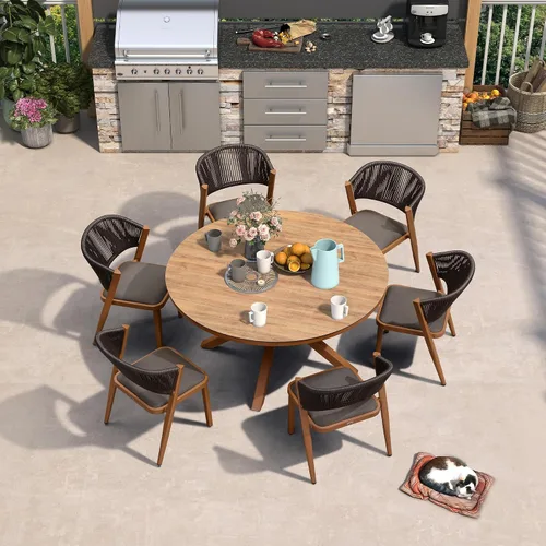 Miniatura 49 de PURPLE LEAF Juego de comedor redondo de 5 piezas de gran tamaño, marco de aluminio y mimbre de ratán para patio, mesa y sillas con cojines