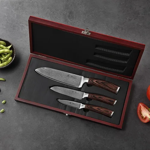 Miniatura 5 de Wakoli EDIB Juego de cuchillos de cocina de Damasco de 3 piezas en caja de regalo de madera, juego de cuchillos afilados hechos de acero de Damasco