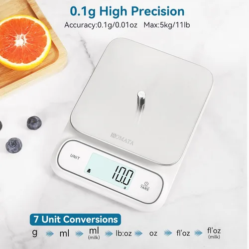 Miniatura 2 de BOMATA Báscula de cocina impermeable IPX6, 0.1 g/0.01 oz de alta precisión, 11.0 lbs/11 libras, báscula digital con luz de fondo, plataforma de 0.00