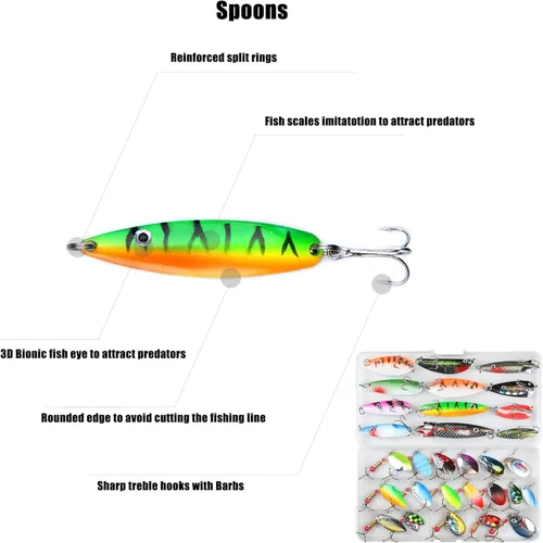 Miniatura 5 de EXAURAFELIS 10/30 piezas Señuelo de pesca Spinnerbait con Ganchos Triples Plumados Señuelos de Cola de Gallo Señuelos de Cuchara para Lubina Salmón