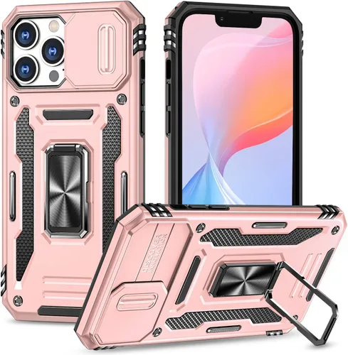 Funda para iPhone 13 Pro con funda para cámara, con soporte de anillo y función de montaje magnético para automóvil, para iPhone 13 Pro (oro rosa)