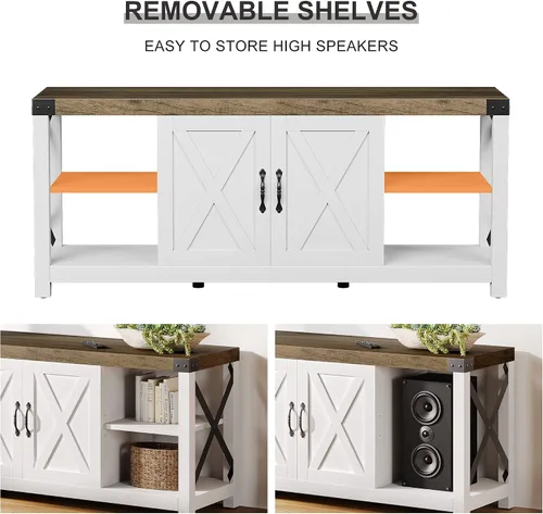 Miniatura 6 de IDEALHOUSE Soporte de TV blanco de 59 pulgadas para TV de hasta 65 pulgadas, gabinete de TV de madera de granja, centro de entretenimiento