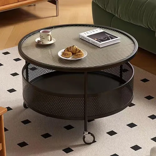 Miniatura 11 de Mesa de centro de cristal con ruedas giratorias, mesa de té redonda de 2 niveles con cesta de almacenamiento hueca de hierro, moderna mesa central