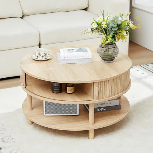 Miniatura 10 de XUZENEST - Mesa de café redonda de 31.5" con almacenamiento, mesa de café de 2 niveles de mediados de siglo moderna con puerta deslizante de tambor