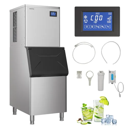 Miniatura 9 de Máquina comercial para hacer hielo, 270 libras/24 horas, contenedor de almacenamiento de 48 libras, acero inoxidable, luz azul, independiente, ideal