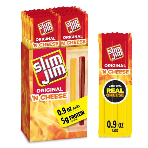Slim Jim Original 'N Cheese - Palito de carne ahumada, fácil de llevar, para la escuela, el trabajo y los viajes, aperitivos de carne de 0.9 onzas,