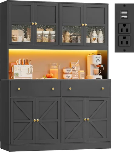 Miniatura 9 de FINETONES Armario de despensa de 71 pulgadas con luz LED y estación de carga, armario de despensa de cocina de granja con soporte para microondas