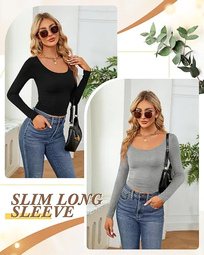 Miniatura 5 de 3 piezas de camisetas cortas básicas de manga larga para mujer, ajustadas, cuello redondo, color liso, casual, para mujer