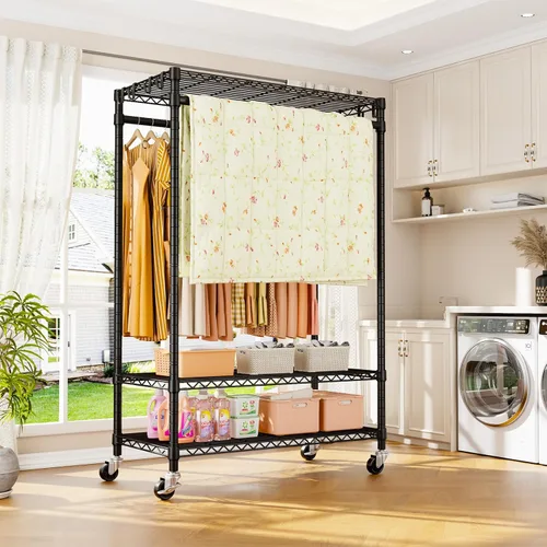 Miniatura 7 de ULIFHOME P7 - Perchero enrollable para ropa, estantes para colgar ropa, estante resistente para prendas con ruedas, estante de clóset portátil de 3