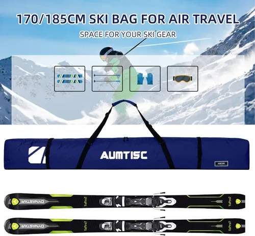 Miniatura 5 de AUMTISC Bolsa de esquí individual acolchada para transportar esquís bolsillo con asa ajustable 170 72.8 in azul-72.8 in