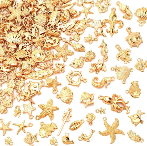 Miniatura 16 de MARFOREVER 120 dijes de mar con temática oceánica para la fabricación de joyas, esmalte dorado surtido de estrellas de mar y conchas marinas