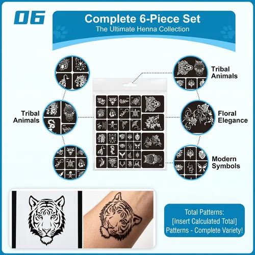 Miniatura 8 de Kotbs 6 hojas de plantillas temporales de tatuaje, 34 piezas de plantillas de tatuajes de henna con patrón de tótem de tigre y lobo, plantillas