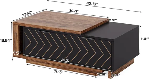 Miniatura 2 de Tribesigns - Mesa de café extensible con 2 cajones de almacenamiento, mesa central de dos tonos con tablero deslizante, mesa de cóctel rectangular
