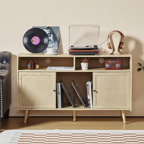 Miniatura 9 de RARZOE Soporte grande para tocadiscos, mesa giratoria de mediados de siglo con capacidad para hasta 400 álbumes, armario de almacenamiento de discos