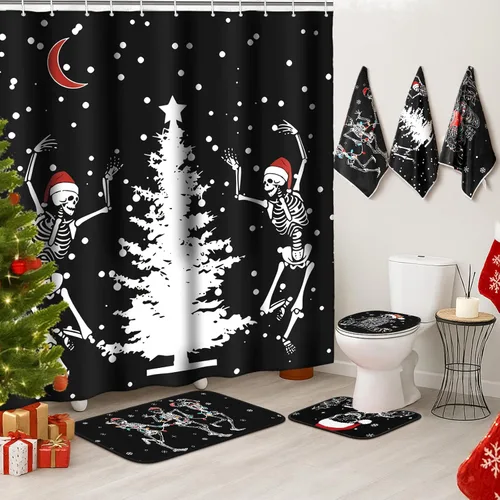 Newwiee 7 piezas de juego de baño de Navidad, cortina de ducha de Navidad, cortina de ducha decorativa antideslizante, alfombras y toallas de