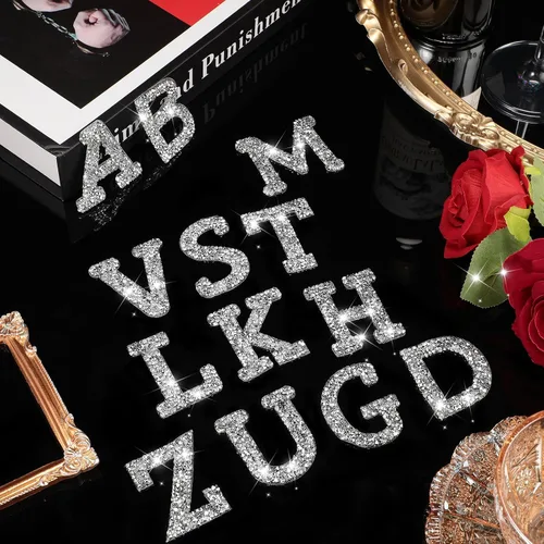 Miniatura 2 de Tigeen 52 calcomanías de letras con purpurina de diamantes de imitación de la A a la Z, calcomanías autoadhesivas para planchar para ropa