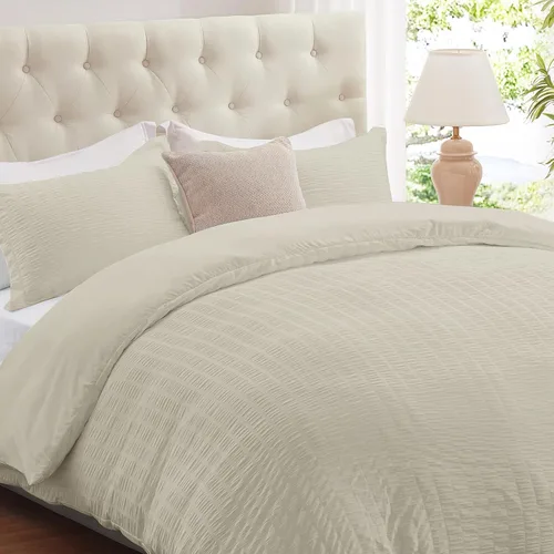 Cozyide Beige Queen Duvet Cover Set, 3 Pieces Soft Seersucker Queen Size Duvet Cover with Zipper Closure and Corner Ties, 90"x90" Duvet Cover with 2