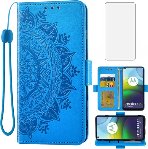 Asuwish Compatible con Moto G9 Power - Funda tipo cartera de vidrio templado, protector de pantalla, tarjetero con correa de muñeca abatible, funda